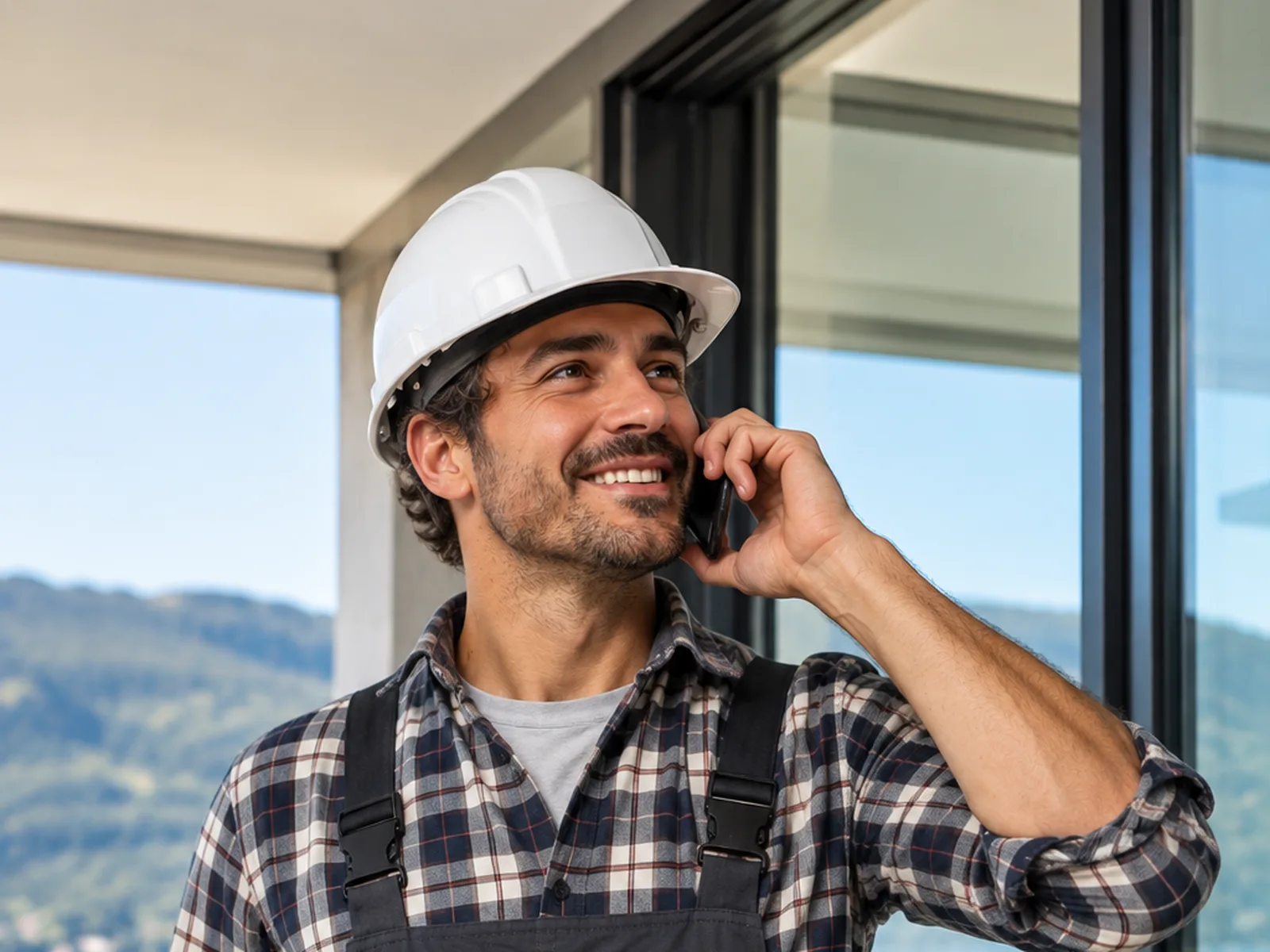 Un installatore con il casco al telefono davanti a una vetrata scorrevole