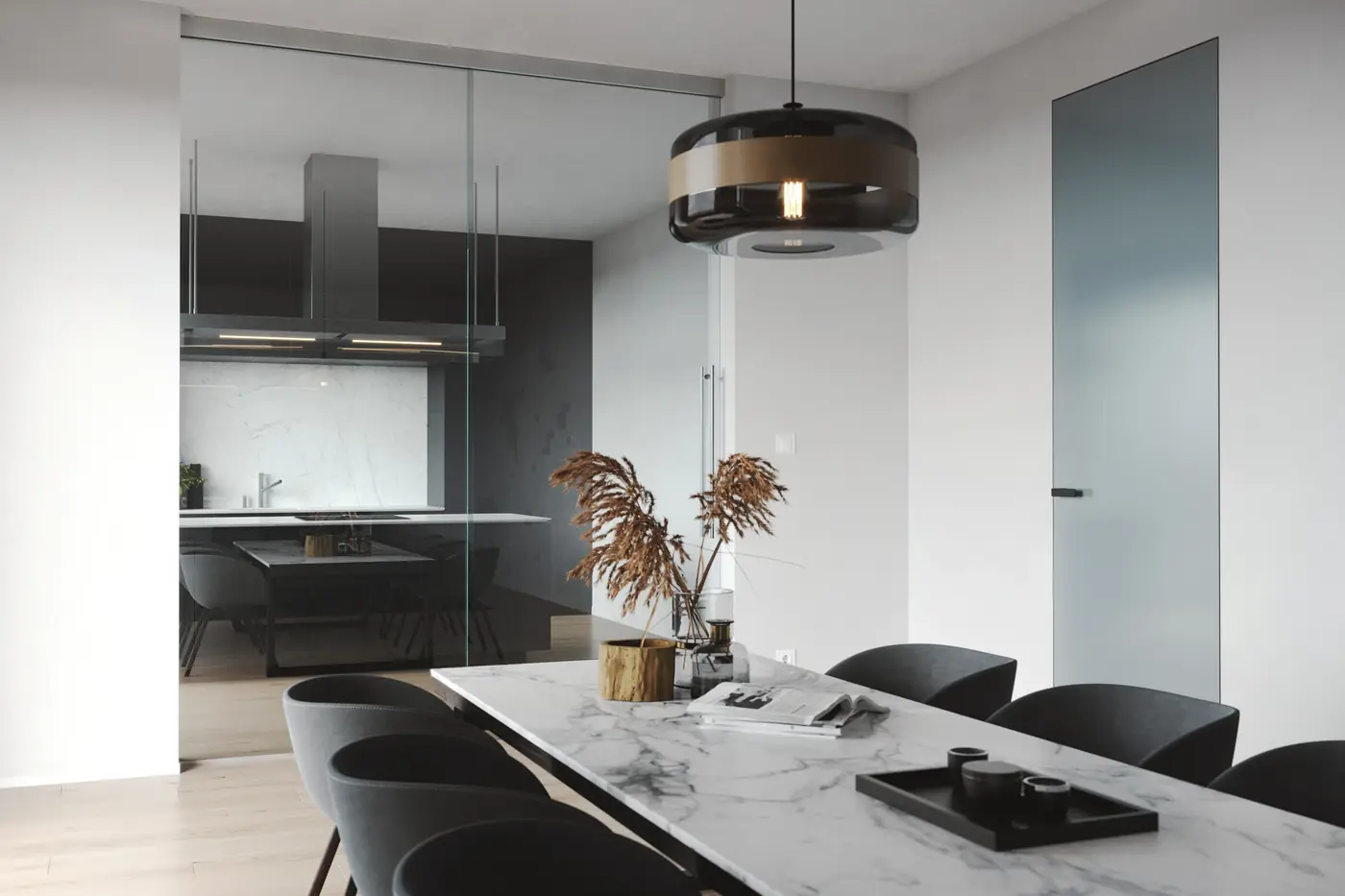 Cucina separata dalla zona pranzo con una parete vetrata scorrevole Frontal