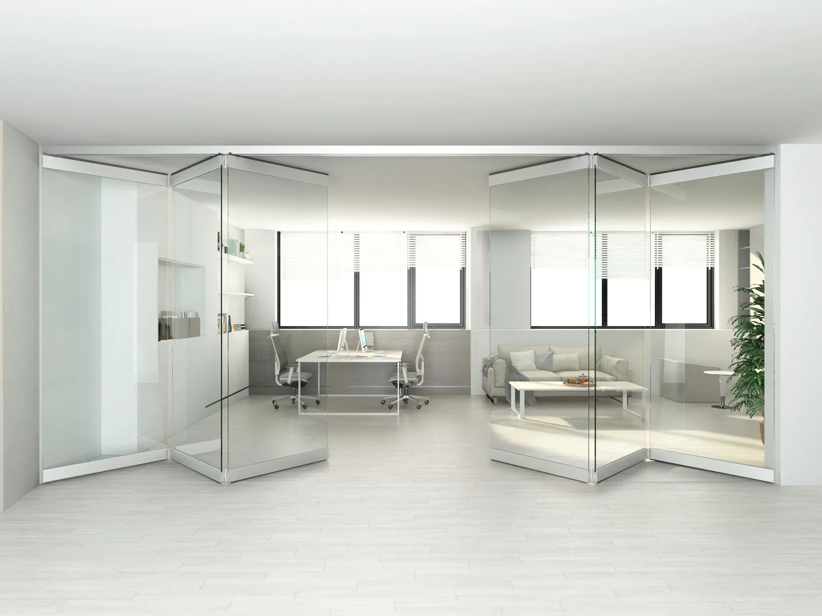 Folding a tutta parete in un open space, ante impacchettate ai lati