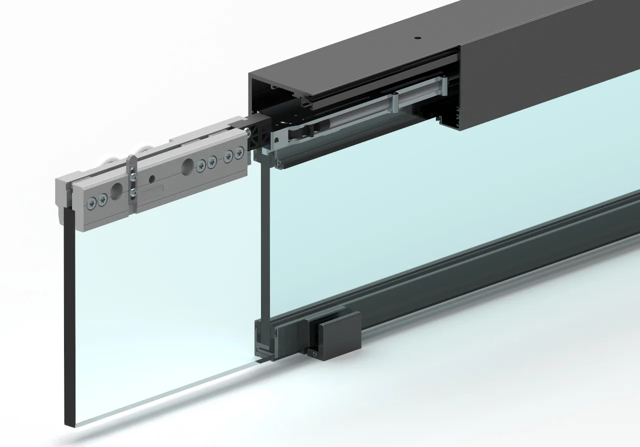Frontal XL con vetro fisso e profili neri, vista in sezione del binario e del carrello