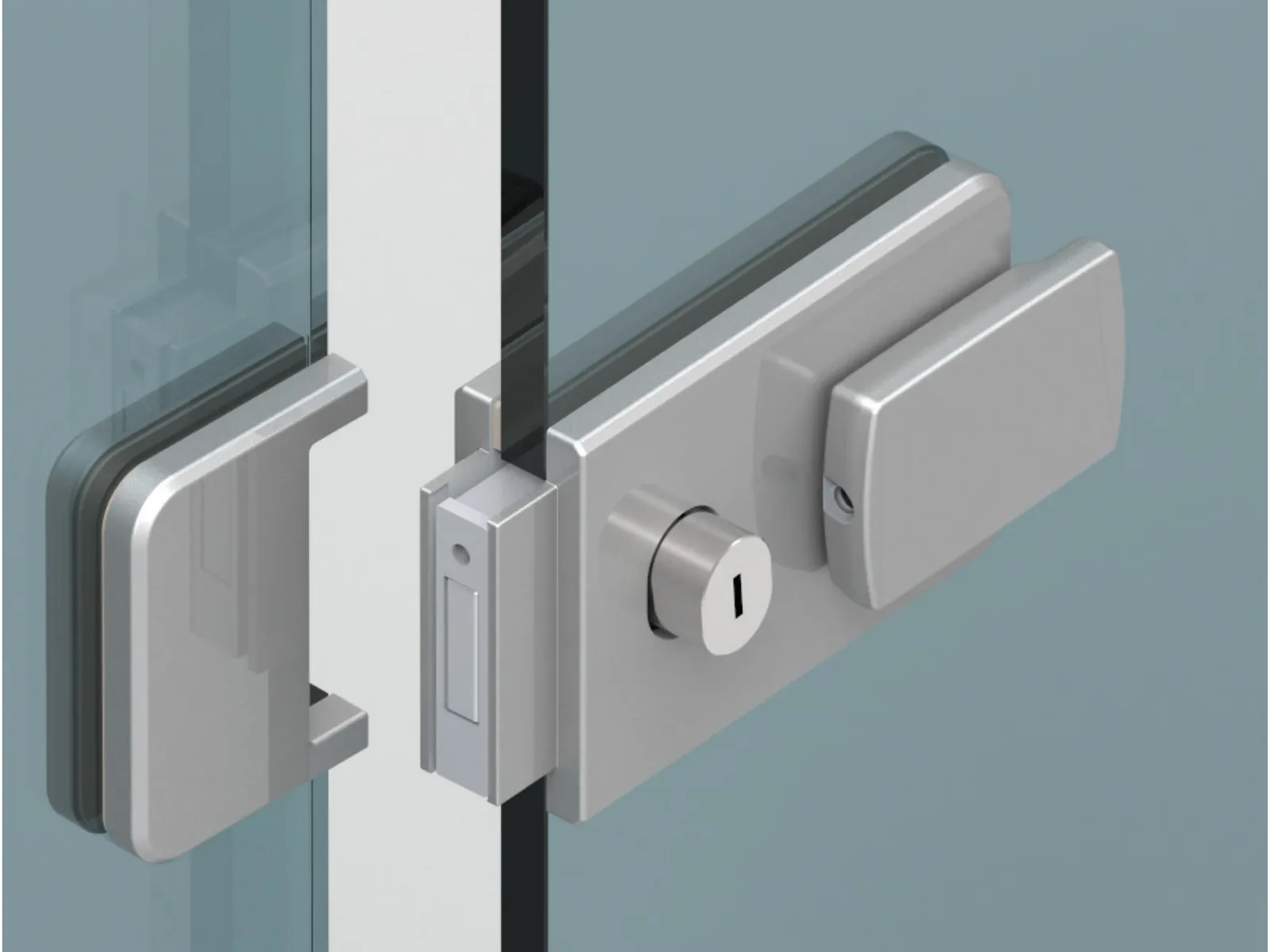 Serratura MG-Lock con pomolo, montata su due ante in vetro