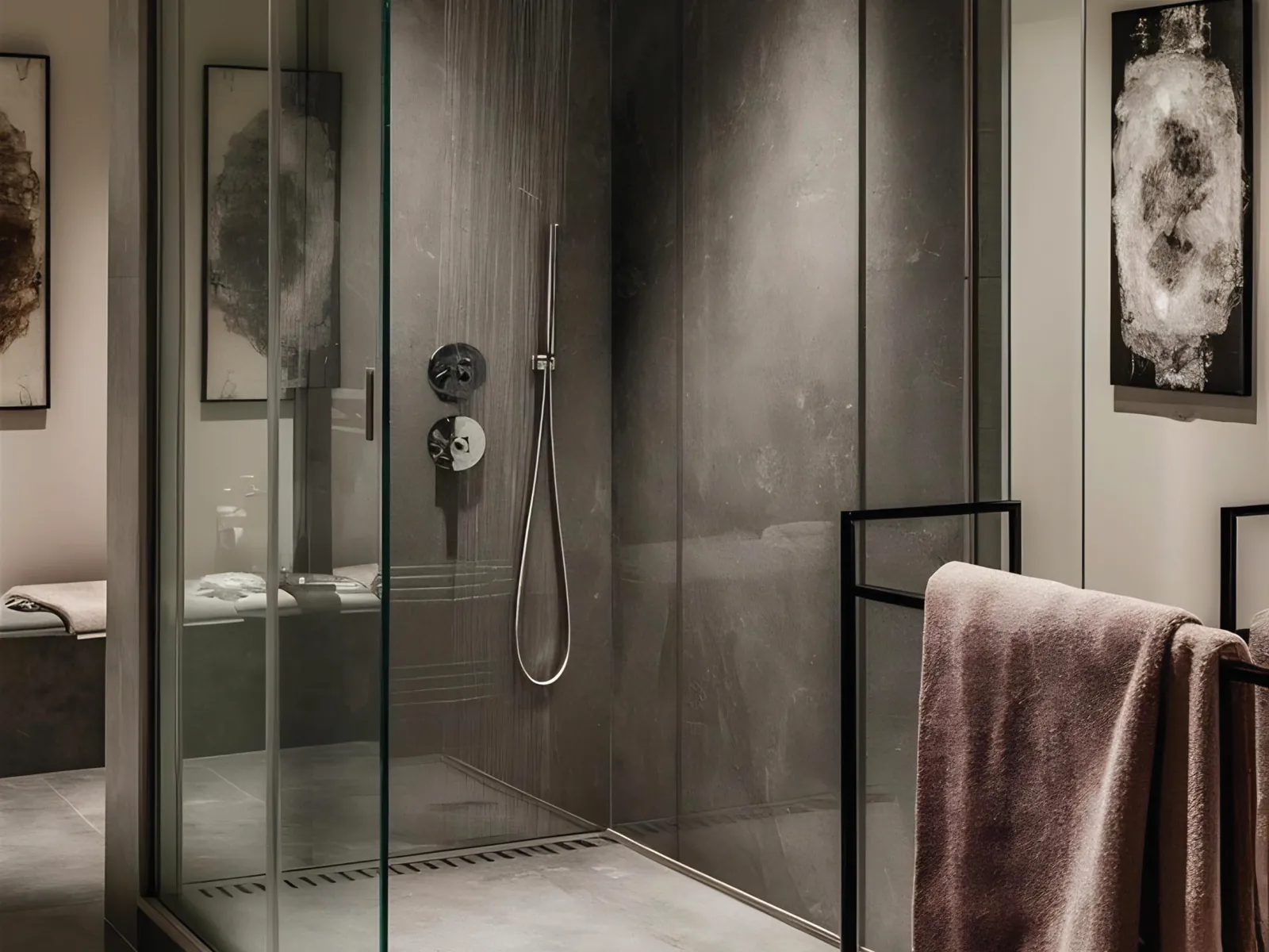 Box doccia Shower in un bagno con pareti grigie