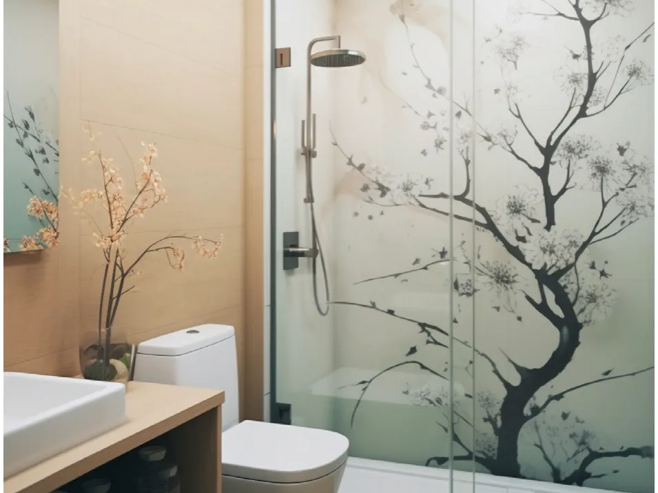 Shower con parete decorata a rami fioriti